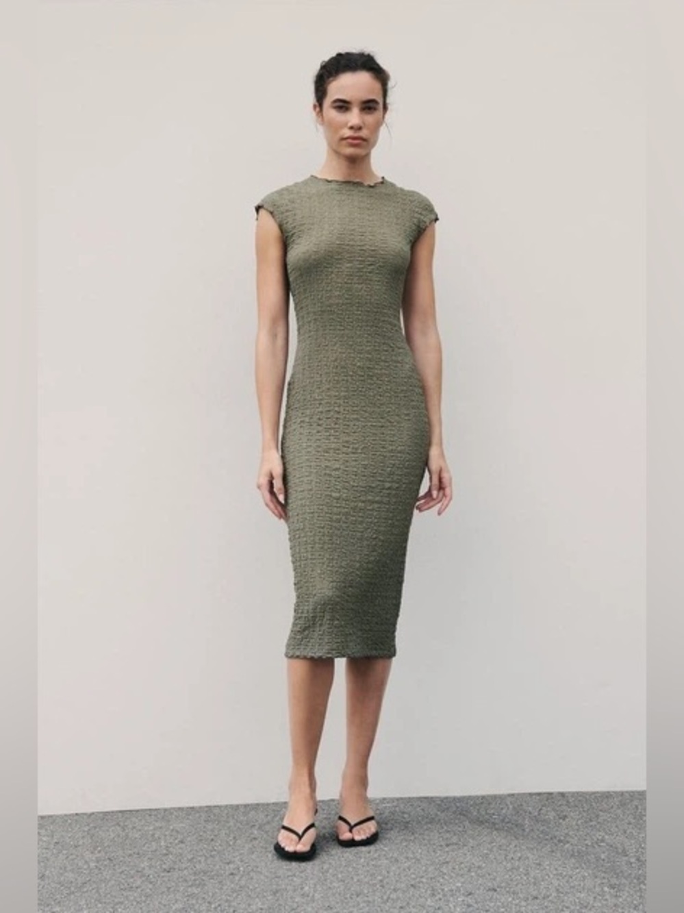 Zara Green Cap Sleeve Textured Midi Dress Size Large - Picture 2 of 13